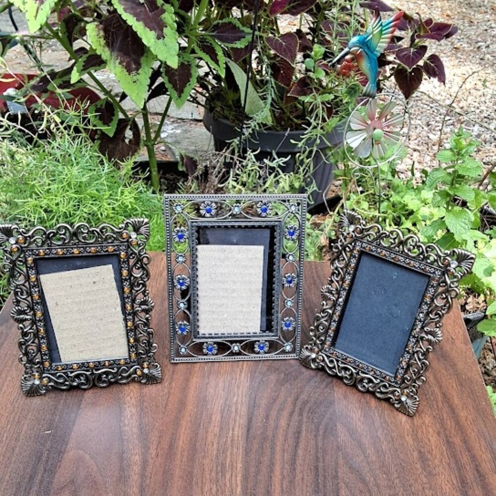Heirloom Frames, 2 Brass Tone & 1 Pewter Tone Ornate w/ Gemstones, 5 x 4 Frames